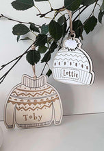 Load image into Gallery viewer, Personalised Christmas Tree Jumper/Hat  Decorations
